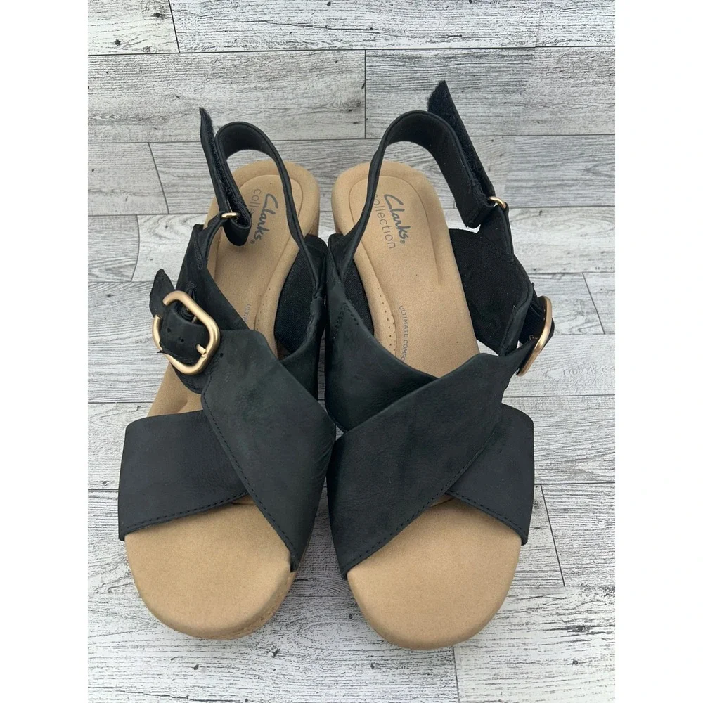 Clarks Collection Black Nubuck‎ Wedge Sandals Ultimate Comfort Women Size 10M